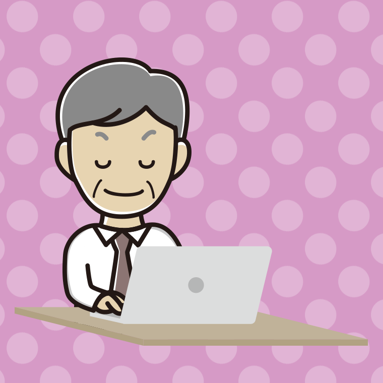 目を閉じてパソコンを使う年配男性会社員（ワイシャツ）のイラスト【色、背景あり】PNG