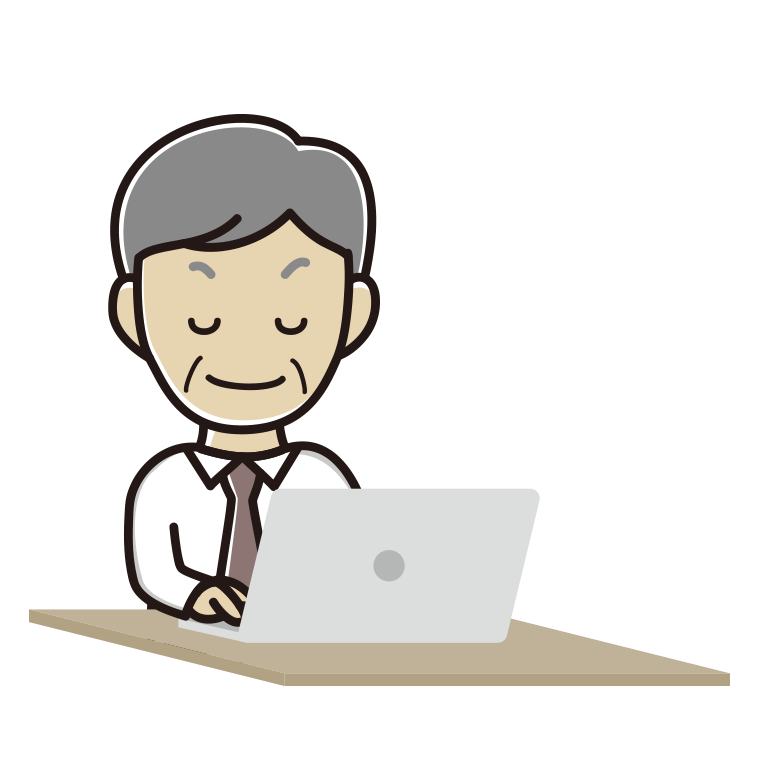目を閉じてパソコンを使う年配男性会社員（ワイシャツ）のイラスト【色あり、背景なし】透過PNG