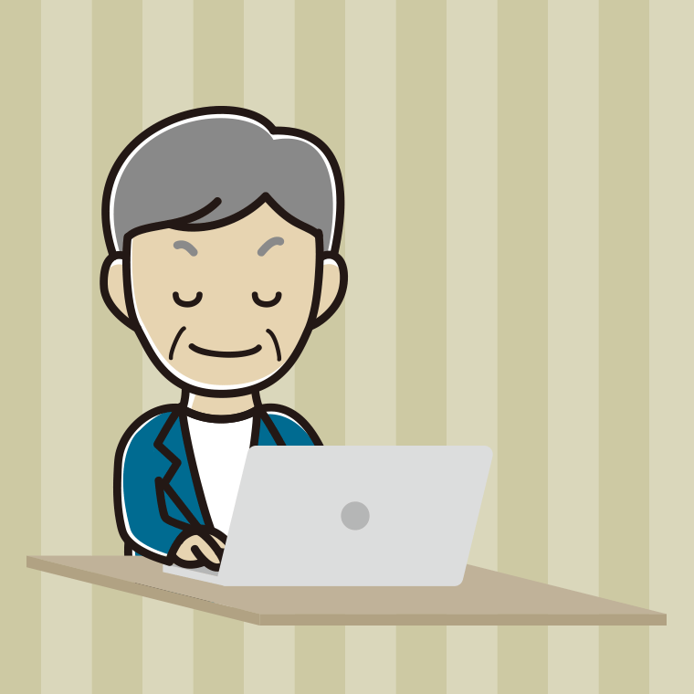 目を閉じてパソコンを使う年配男性会社員（カジュアル）のイラスト【色、背景あり】PNG