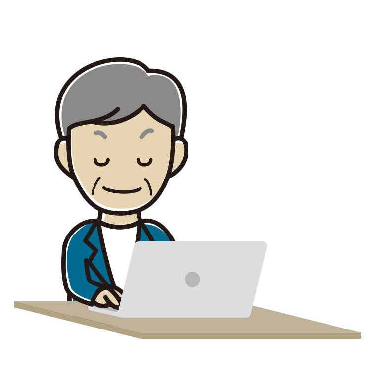 目を閉じてパソコンを使う年配男性会社員（カジュアル）のイラスト【色あり、背景なし】透過PNG