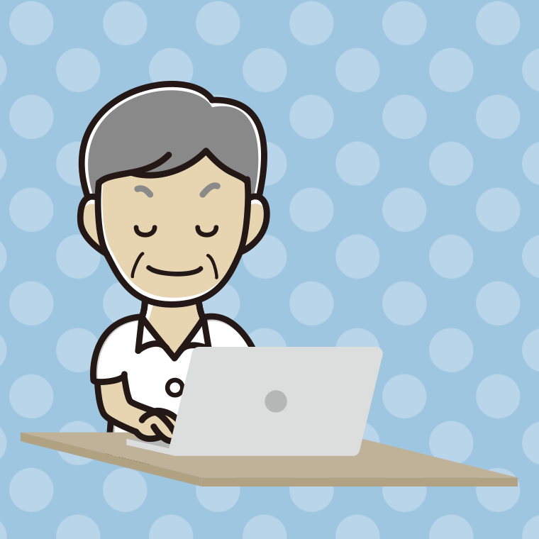 目を閉じてパソコンを使う年配男性会社員（クールビズ）のイラスト【色、背景あり】PNG