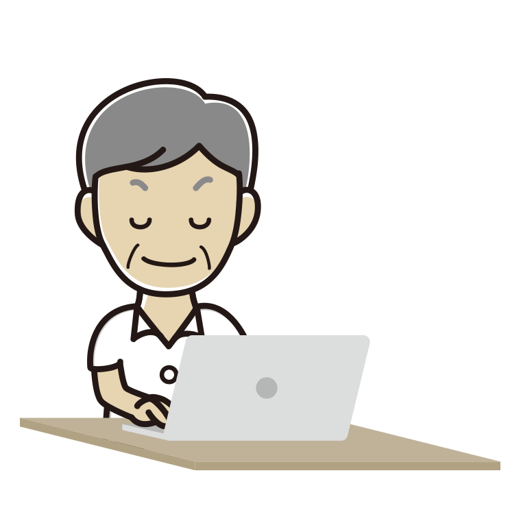 目を閉じてパソコンを使う年配男性会社員（クールビズ）のイラスト【色あり、背景なし】透過PNG