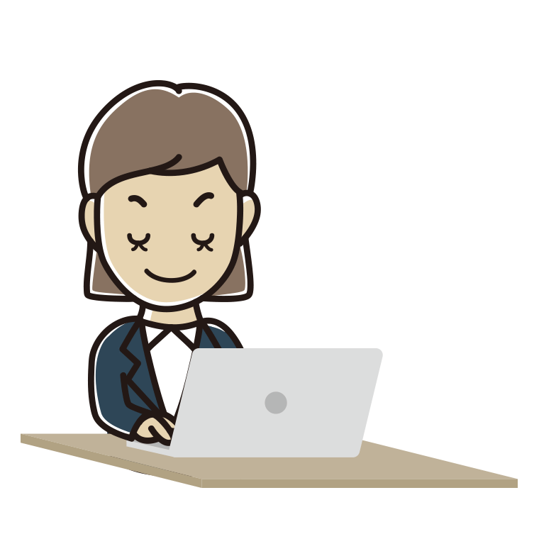 目を閉じてパソコンを使う女性会社員のイラスト【色あり、背景なし】透過PNG