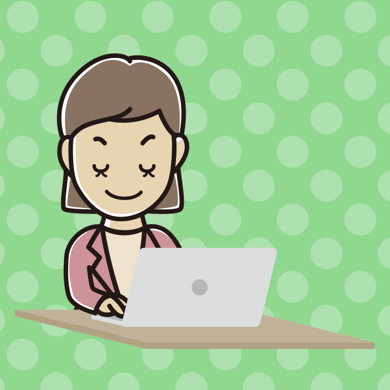 目を閉じてパソコンを使う女性会社員（カジュアル）のイラスト【色、背景あり】PNG