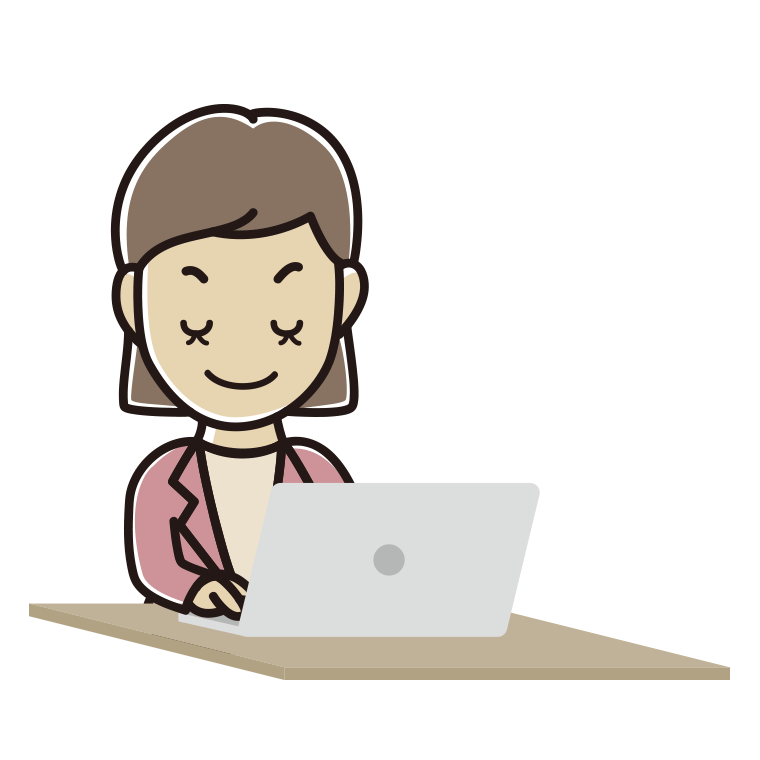 目を閉じてパソコンを使う女性会社員（カジュアル）のイラスト【色あり、背景なし】透過PNG