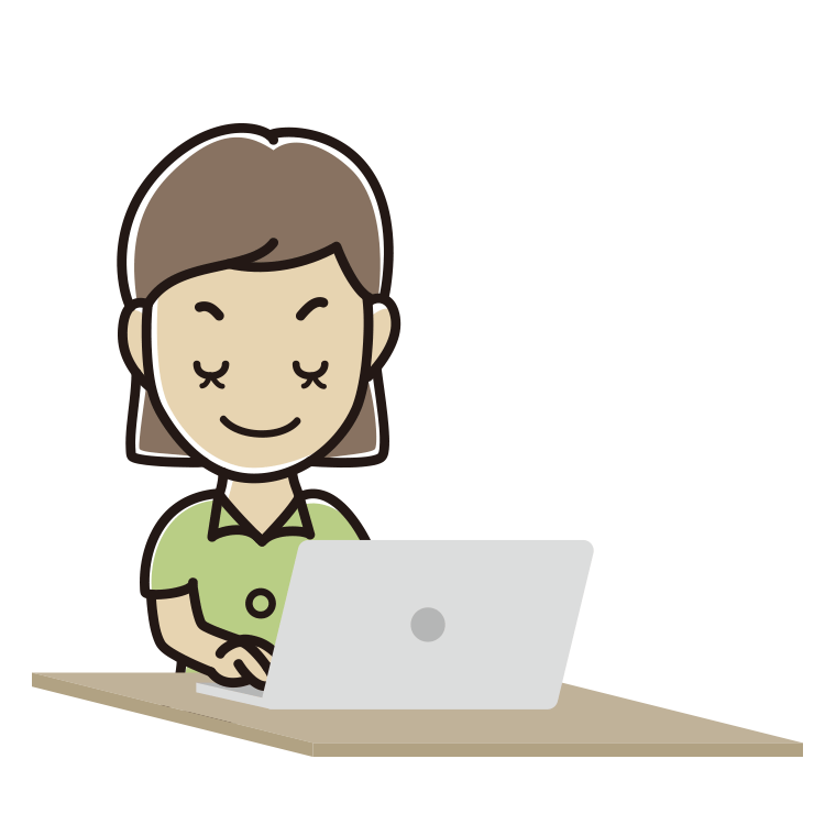 目を閉じてパソコンを使う女性会社員（クールビズ）のイラスト【色あり、背景なし】透過PNG