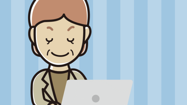 目を閉じてパソコンを使う年配女性会社員（カジュアル）のイラスト【色、背景あり】PNG