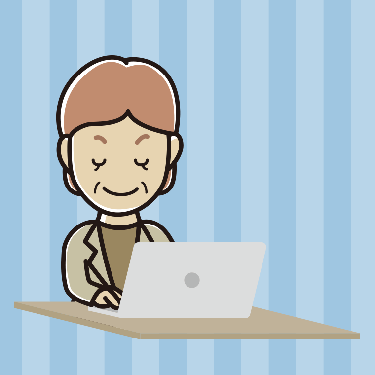 目を閉じてパソコンを使う年配女性会社員（カジュアル）のイラスト【色、背景あり】PNG