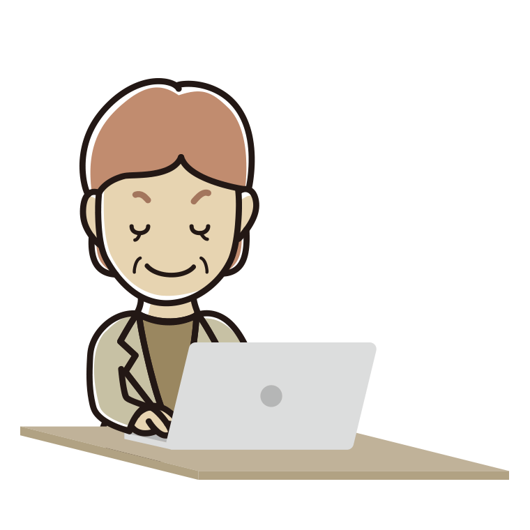 目を閉じてパソコンを使う年配女性会社員（カジュアル）のイラスト【色あり、背景なし】透過PNG