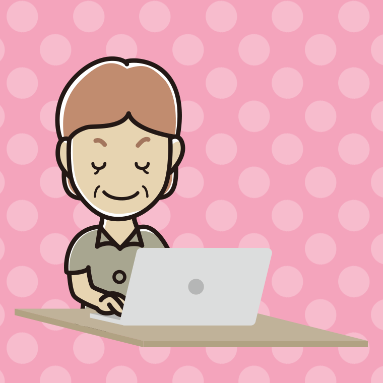 目を閉じてパソコンを使う年配女性会社員（クールビズ）のイラスト【色、背景あり】PNG