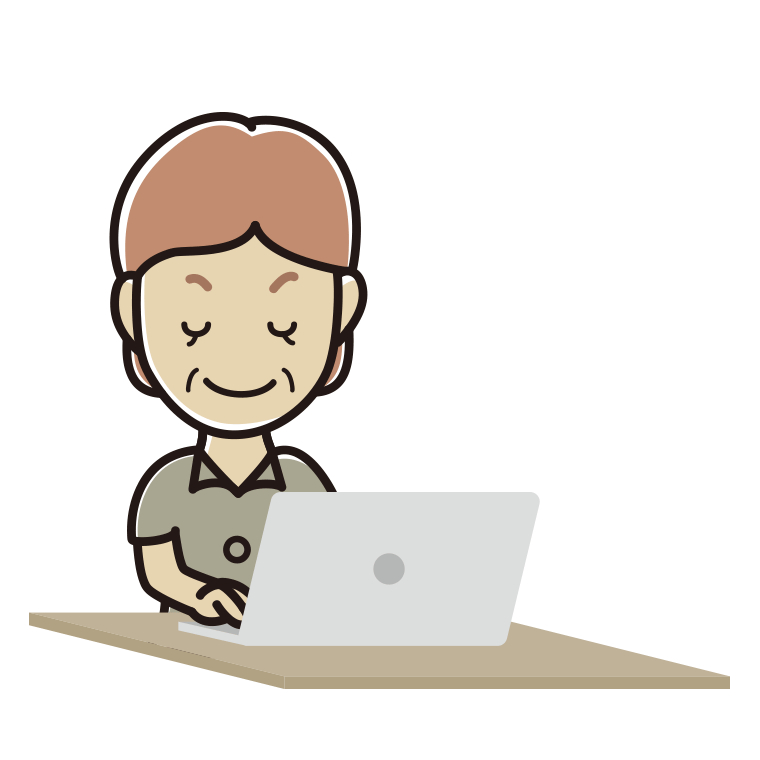 目を閉じてパソコンを使う年配女性会社員（クールビズ）のイラスト【色あり、背景なし】透過PNG