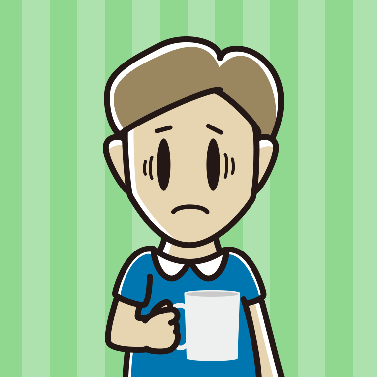 コーヒー（マグカップ）で困る男性のイラスト【色、背景あり】PNG