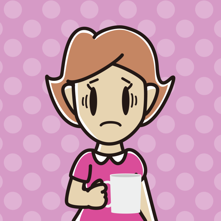 コーヒー（マグカップ）で困る女性のイラスト【色、背景あり】PNG