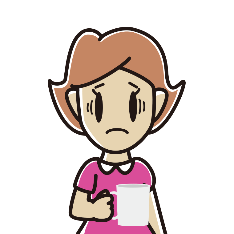 コーヒー（マグカップ）で困る女性のイラスト【色あり、背景なし】透過PNG