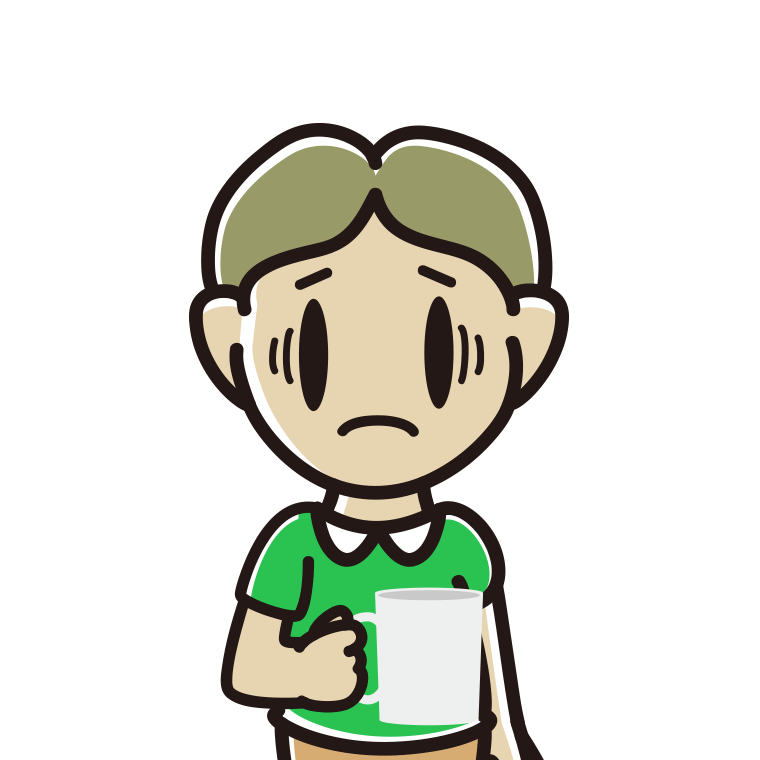コーヒー（マグカップ）で困る小学生男子のイラスト【色あり、背景なし】透過PNG