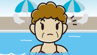 プールに入って何かに気付くおばさんのイラスト【色、背景あり】PNG