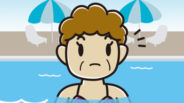 プールに入って何かに気付くおばさんのイラスト【色、背景あり】PNG