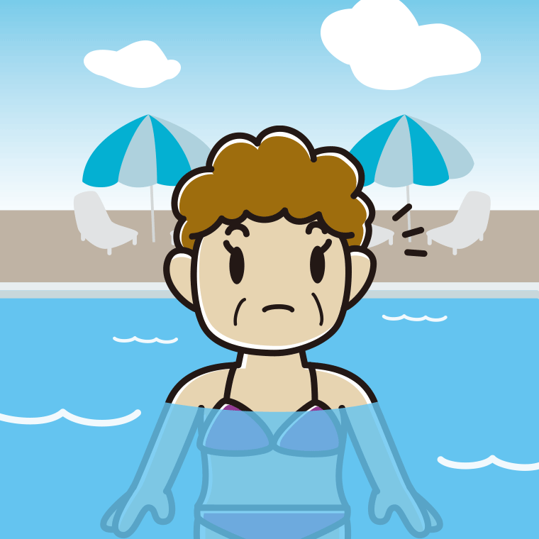 プールに入って何かに気付くおばさんのイラスト【色、背景あり】PNG