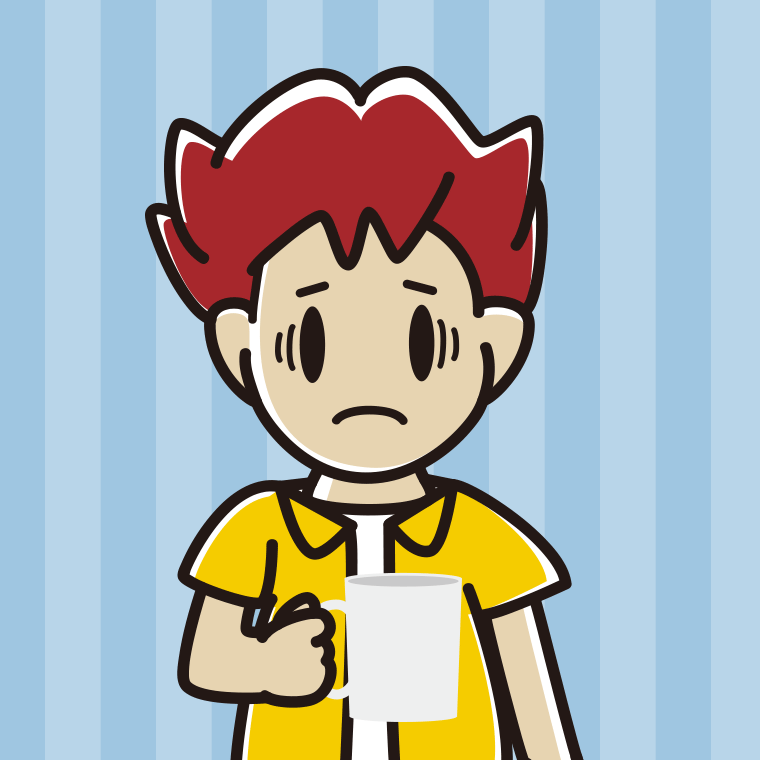 コーヒー（マグカップ）で困る男子大学生のイラスト【色、背景あり】PNG