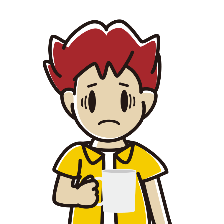 コーヒー（マグカップ）で困る男子大学生のイラスト【色あり、背景なし】透過PNG