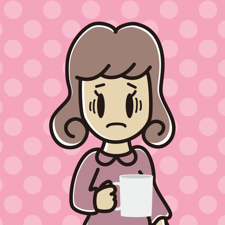 コーヒー（マグカップ）で困る女子大学生のイラスト【色、背景あり】PNG