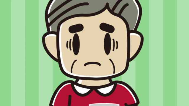 コーヒー（マグカップ）で困るおじさんのイラスト【色、背景あり】PNG