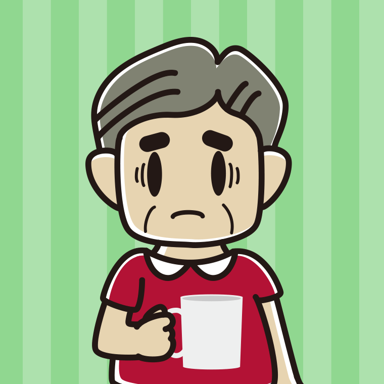 コーヒー（マグカップ）で困るおじさんのイラスト【色、背景あり】PNG
