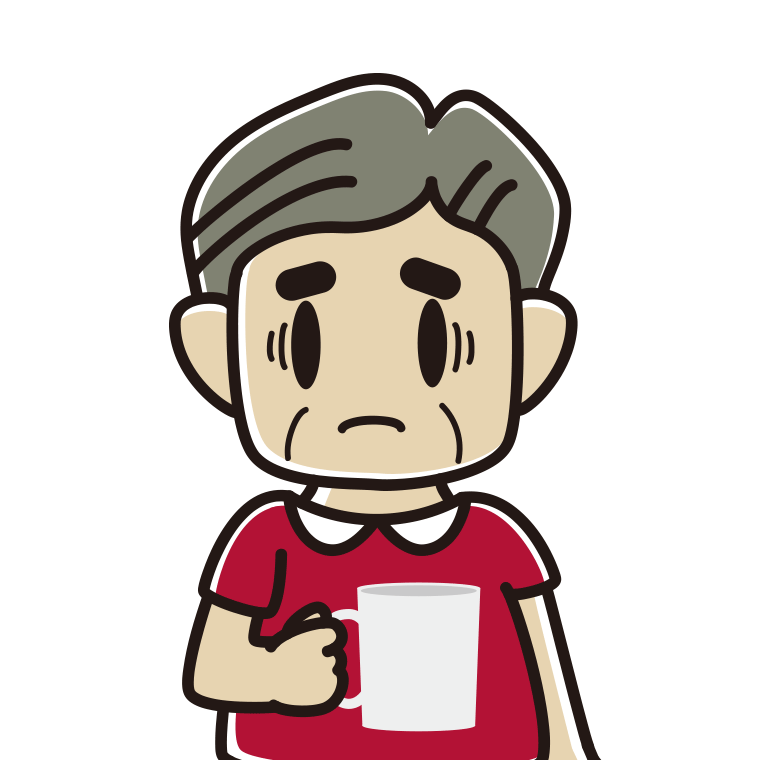 コーヒー（マグカップ）で困るおじさんのイラスト【色あり、背景なし】透過PNG