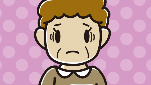 コーヒー（マグカップ）で困るおばさんのイラスト【色、背景あり】PNG