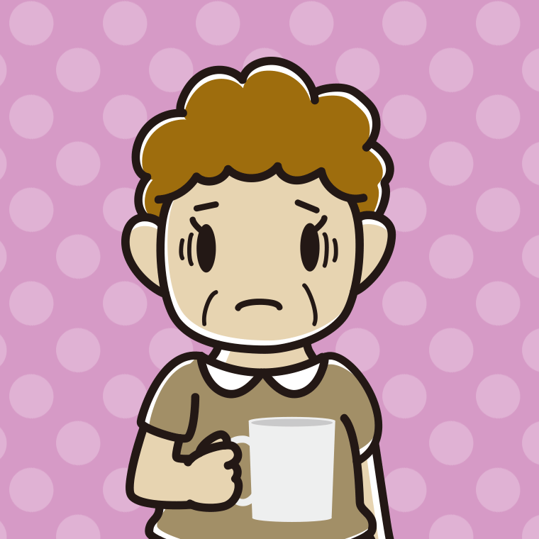 コーヒー（マグカップ）で困るおばさんのイラスト【色、背景あり】PNG