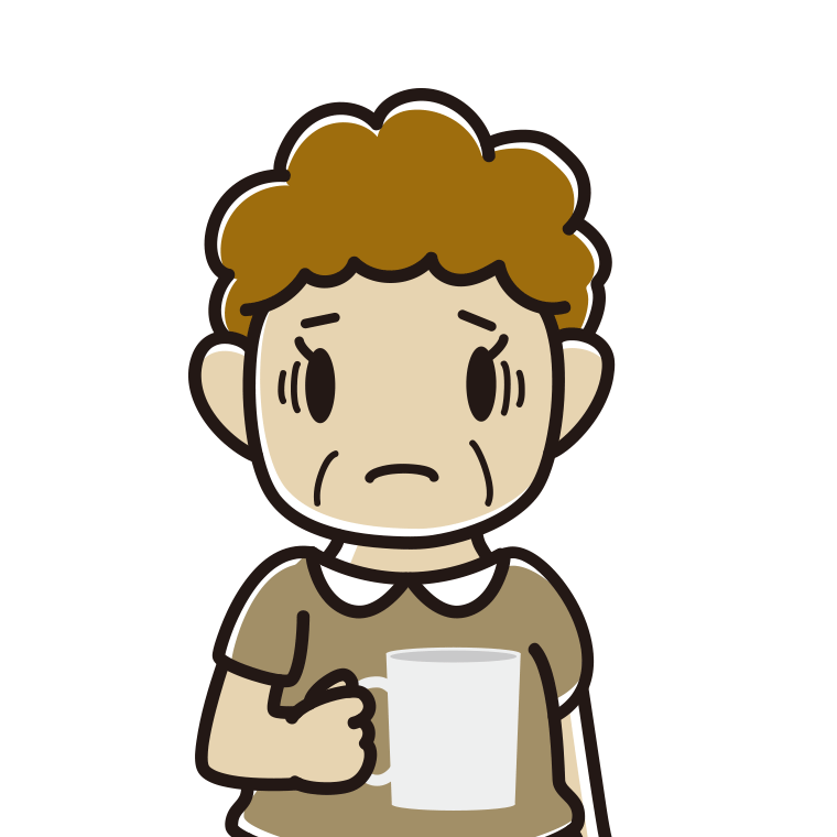 コーヒー（マグカップ）で困るおばさんのイラスト【色あり、背景なし】透過PNG