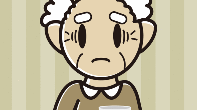 コーヒー（マグカップ）で困るおじいさんのイラスト【色、背景あり】PNG