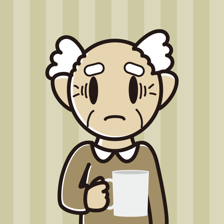 コーヒー（マグカップ）で困るおじいさんのイラスト【色、背景あり】PNG