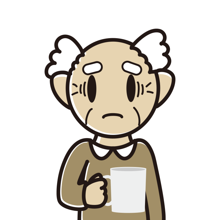 コーヒー（マグカップ）で困るおじいさんのイラスト【色あり、背景なし】透過PNG