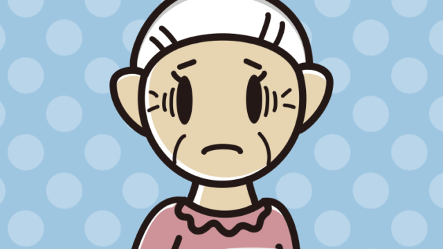 コーヒー（マグカップ）で困るおばあさんのイラスト【色、背景あり】PNG