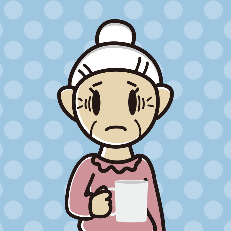 コーヒー（マグカップ）で困るおばあさんのイラスト【色、背景あり】PNG