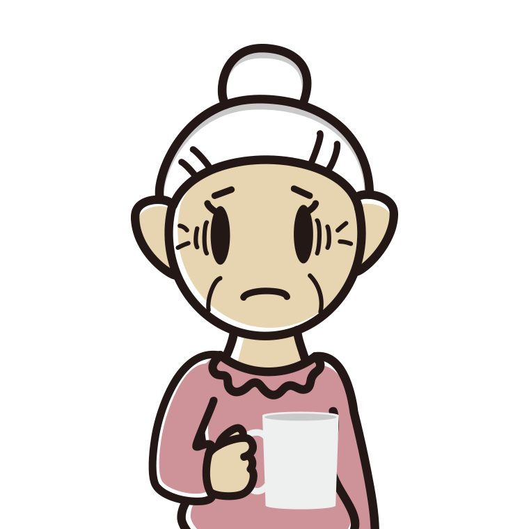 コーヒー（マグカップ）で困るおばあさんのイラスト【色あり、背景なし】透過PNG