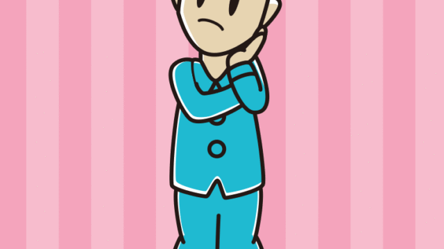 考えるパジャマの男性のイラスト【色、背景あり】PNG
