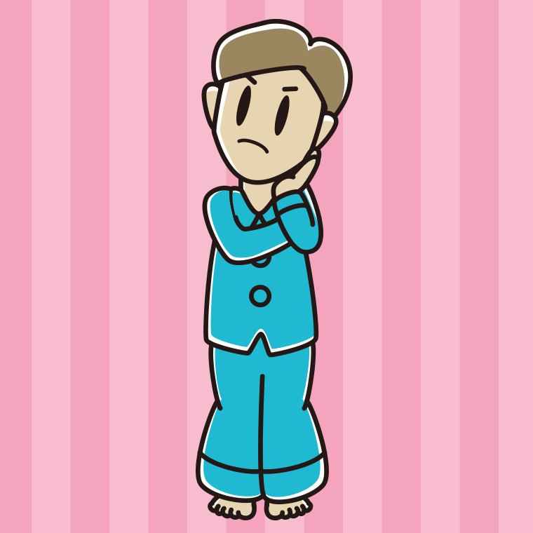 考えるパジャマの男性のイラスト【色、背景あり】PNG