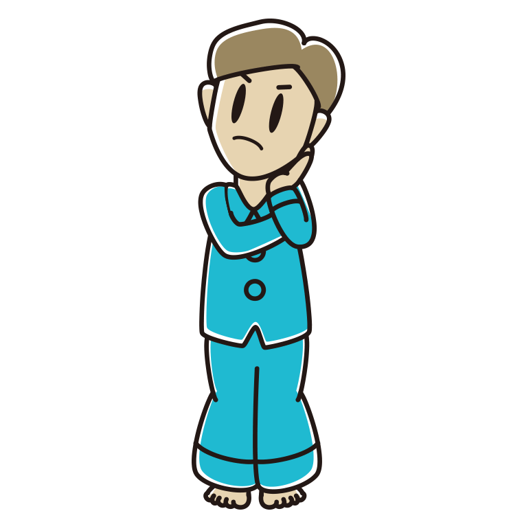 考えるパジャマの男性のイラスト【色あり、背景なし】透過PNG