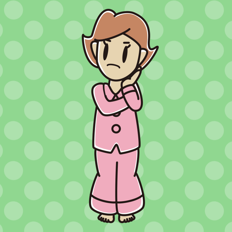 考えるパジャマの女性のイラスト【色、背景あり】PNG