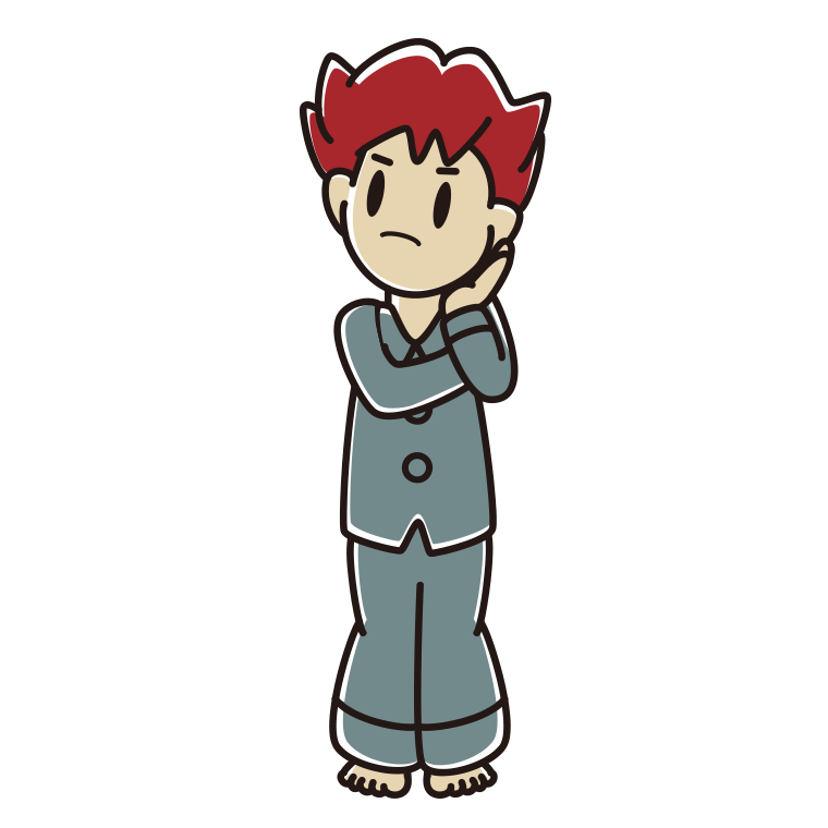 考えるパジャマの男子大学生のイラスト【色あり、背景なし】透過PNG