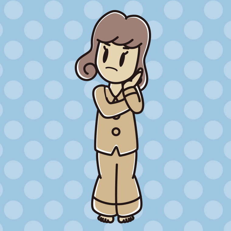 考えるパジャマの女子大学生のイラスト【色、背景あり】PNG