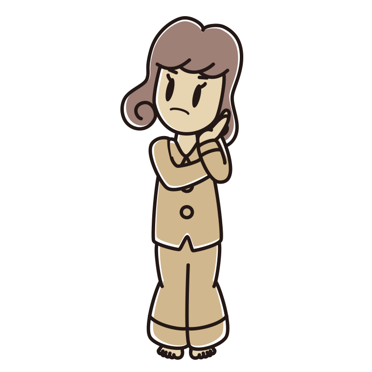 考えるパジャマの女子大学生のイラスト【色あり、背景なし】透過PNG