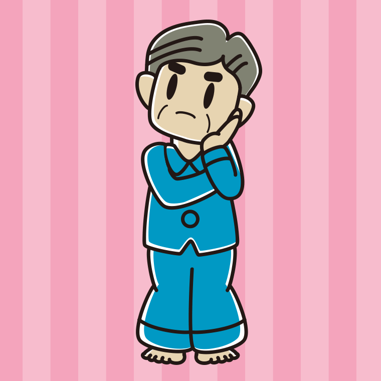 考えるパジャマのおじさんのイラスト【色、背景あり】PNG