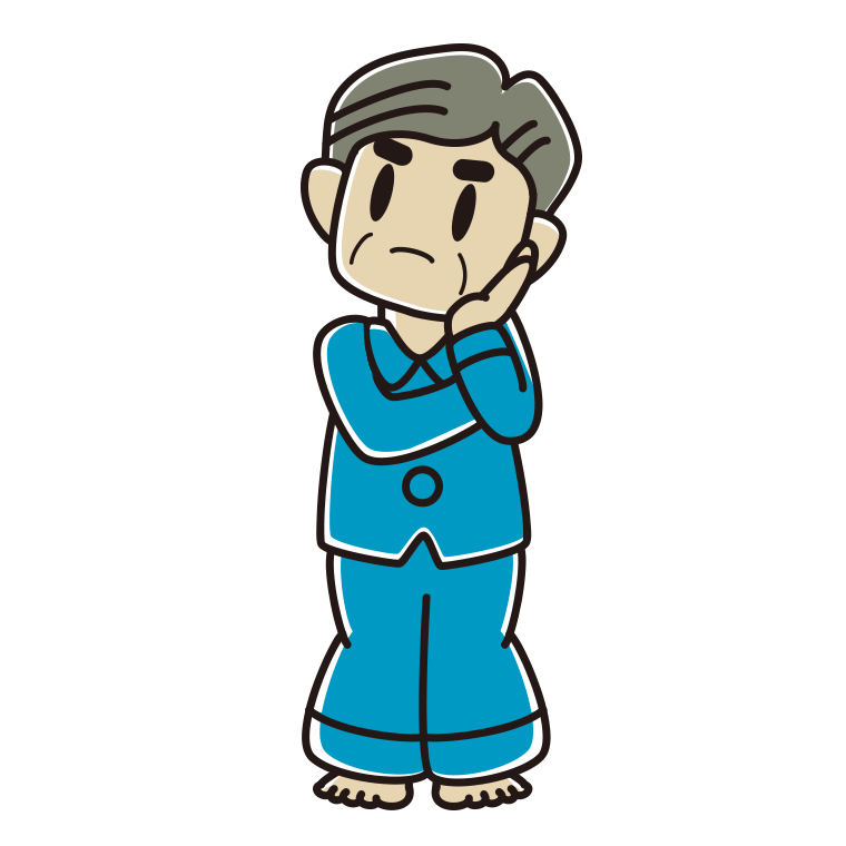 考えるパジャマのおじさんのイラスト【色あり、背景なし】透過PNG