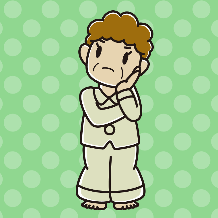 考えるパジャマのおばさんのイラスト【色、背景あり】PNG
