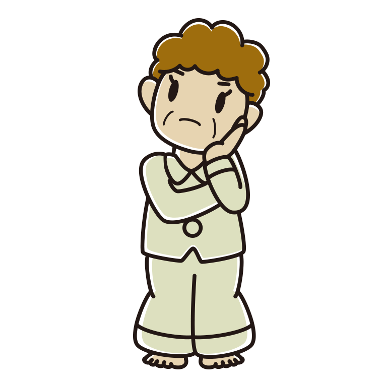 考えるパジャマのおばさんのイラスト【色あり、背景なし】透過PNG