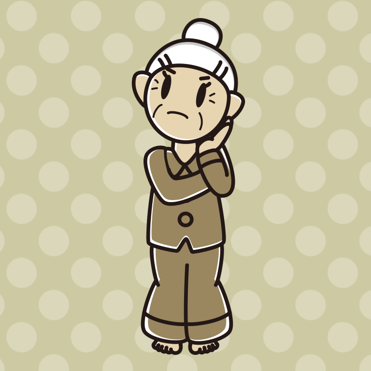 考えるパジャマのおばあさんのイラスト【色、背景あり】PNG