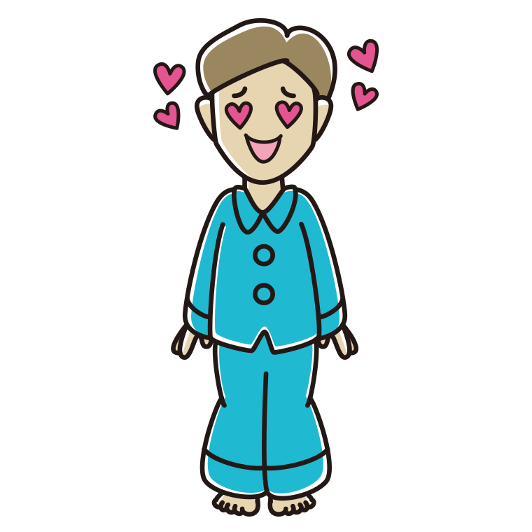 目がハートのパジャマの男性のイラスト【色あり、背景なし】透過PNG